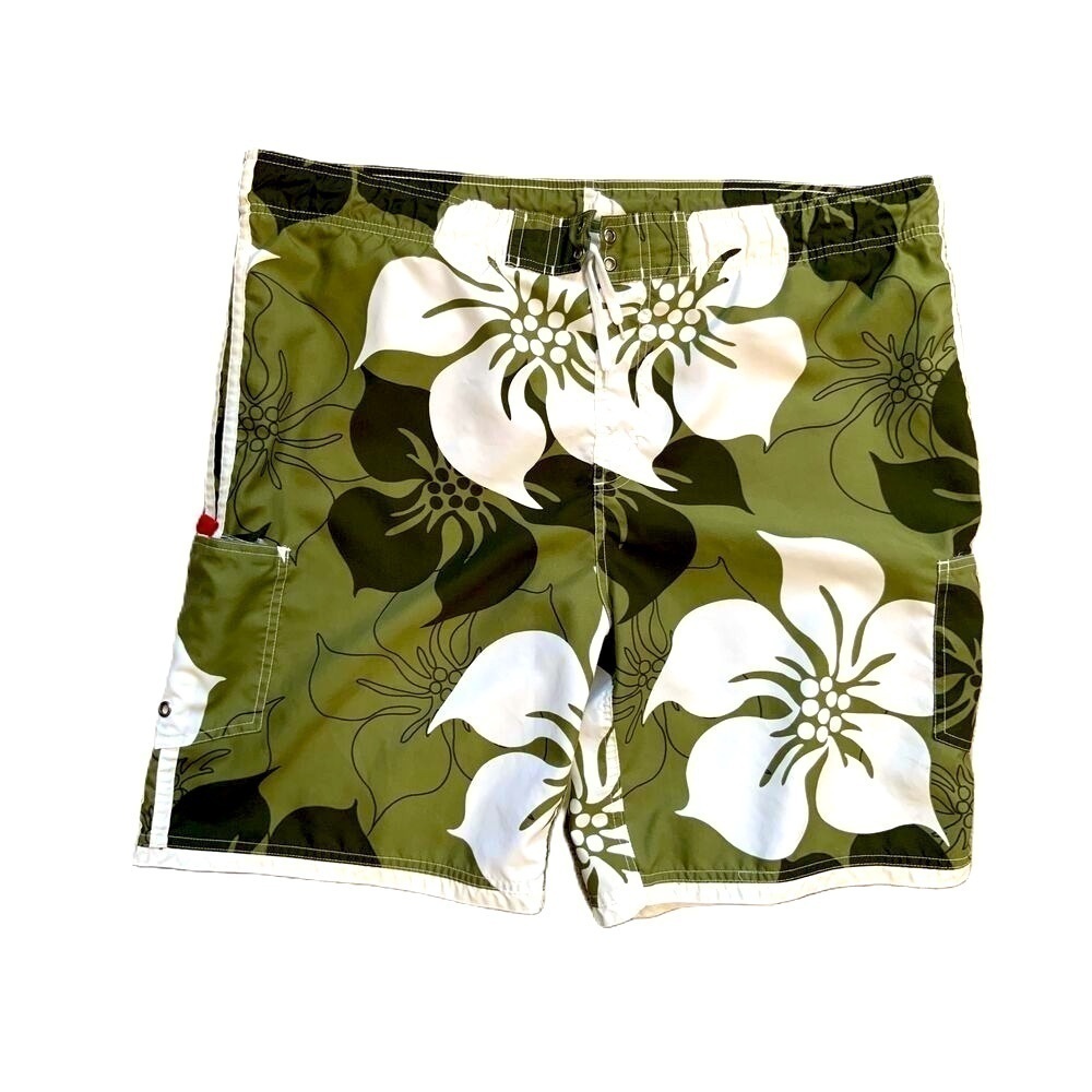 No Boundaries Green Floral Pattern Drawstring Board Shorts Mens Size Large